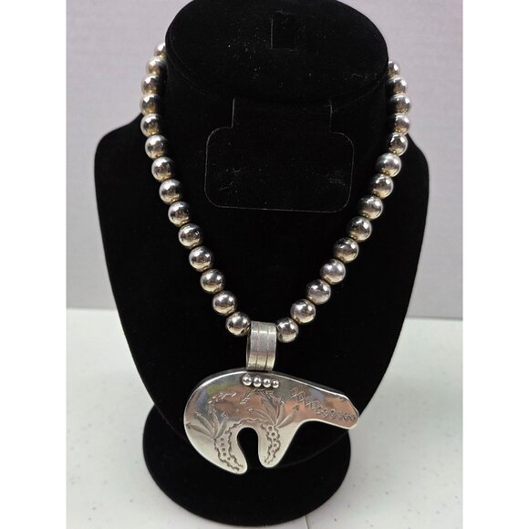 Handcrafted 925 Sterling Silver Bear Pendant Signed Necklace Beaded Chain READ - Picture 1 of 12